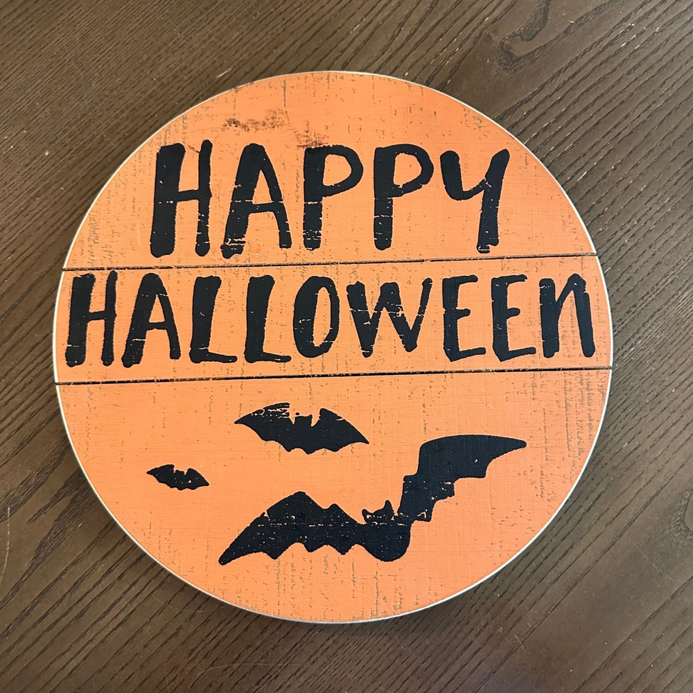 Designs by Kathy Happy Halloween Wooden Round Wall Sign Orange Bats Rustic Decor